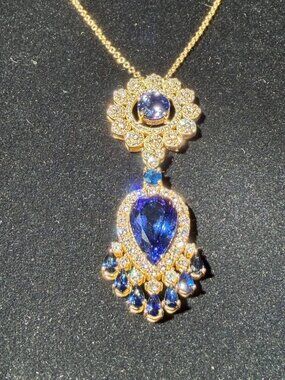 Natural Tanzanite, Sapphire & Diamond 14k Yellow Gold 18in Pendant Necklace Cert